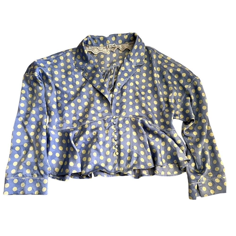 Free People Blue Green Polka Dot Satin Pajama Top Blouse and Bottoms Set, M